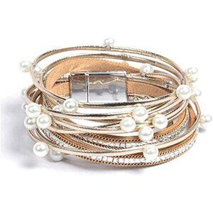 Handmade Leather Wrap Bracelet with Imitation Pearls - Elegant Gift for Women